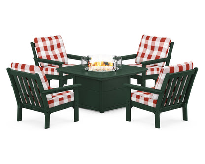 POLYWOOD® Vineyard 5-Piece Conversation Set with Fire Pit Table in Green / Buffalo Plaid Crimson