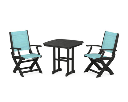 POLYWOOD® Coastal Folding Chair 3-Piece Dining Set in Black / Dupioni Aquamarine Sling