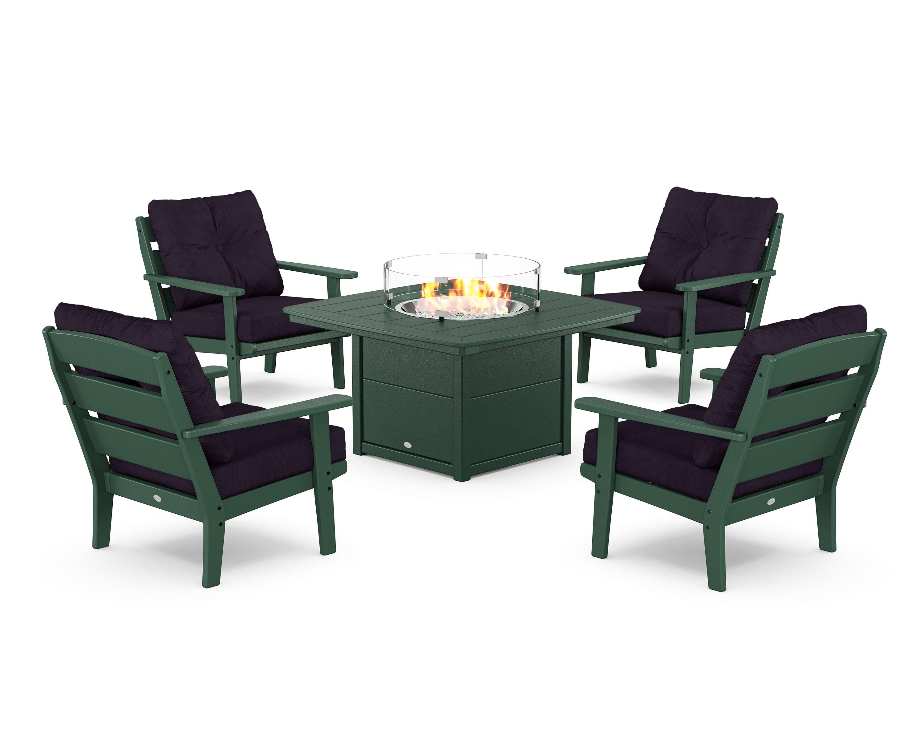 POLYWOOD® Lakeside 5-Piece Deep Seating Set with Nautical Fire Pit Table in Green / Navy Linen