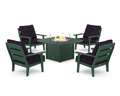 POLYWOOD® Lakeside 5-Piece Deep Seating Set with Nautical Fire Pit Table in Green / Navy Linen