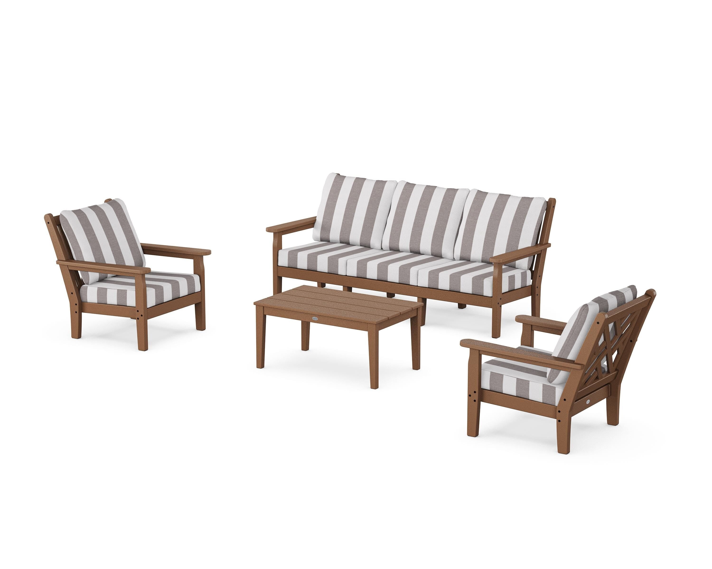 POLYWOOD® Chippendale 4-Piece Deep Seating Set with Sofa in Teak / Cabana Stripe Grey Mist