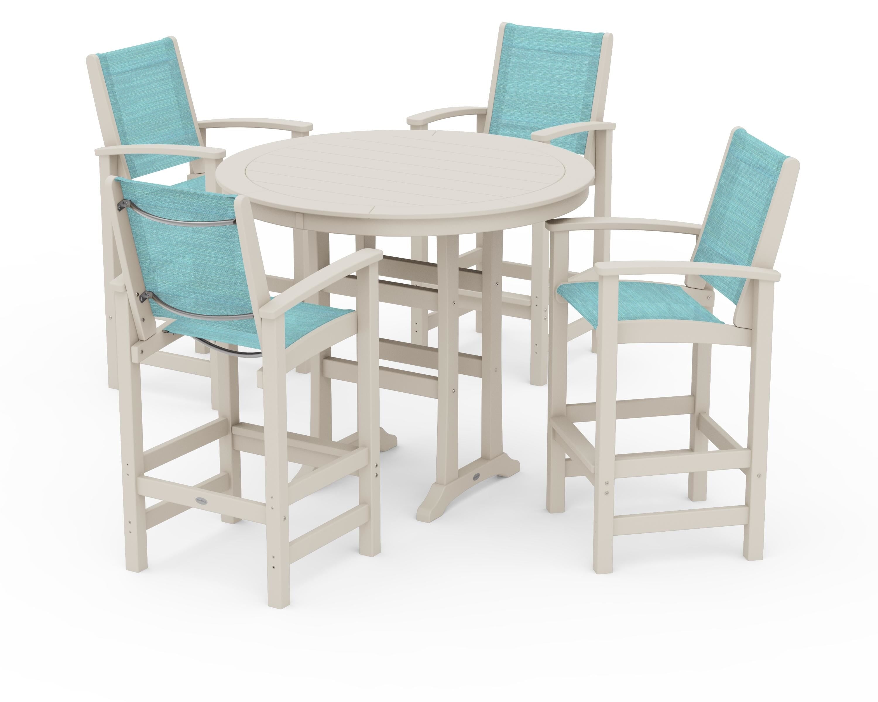 POLYWOOD® Coastal 5-Piece Nautical Trestle Bar Set in Sand / Dupioni Aquamarine Sling