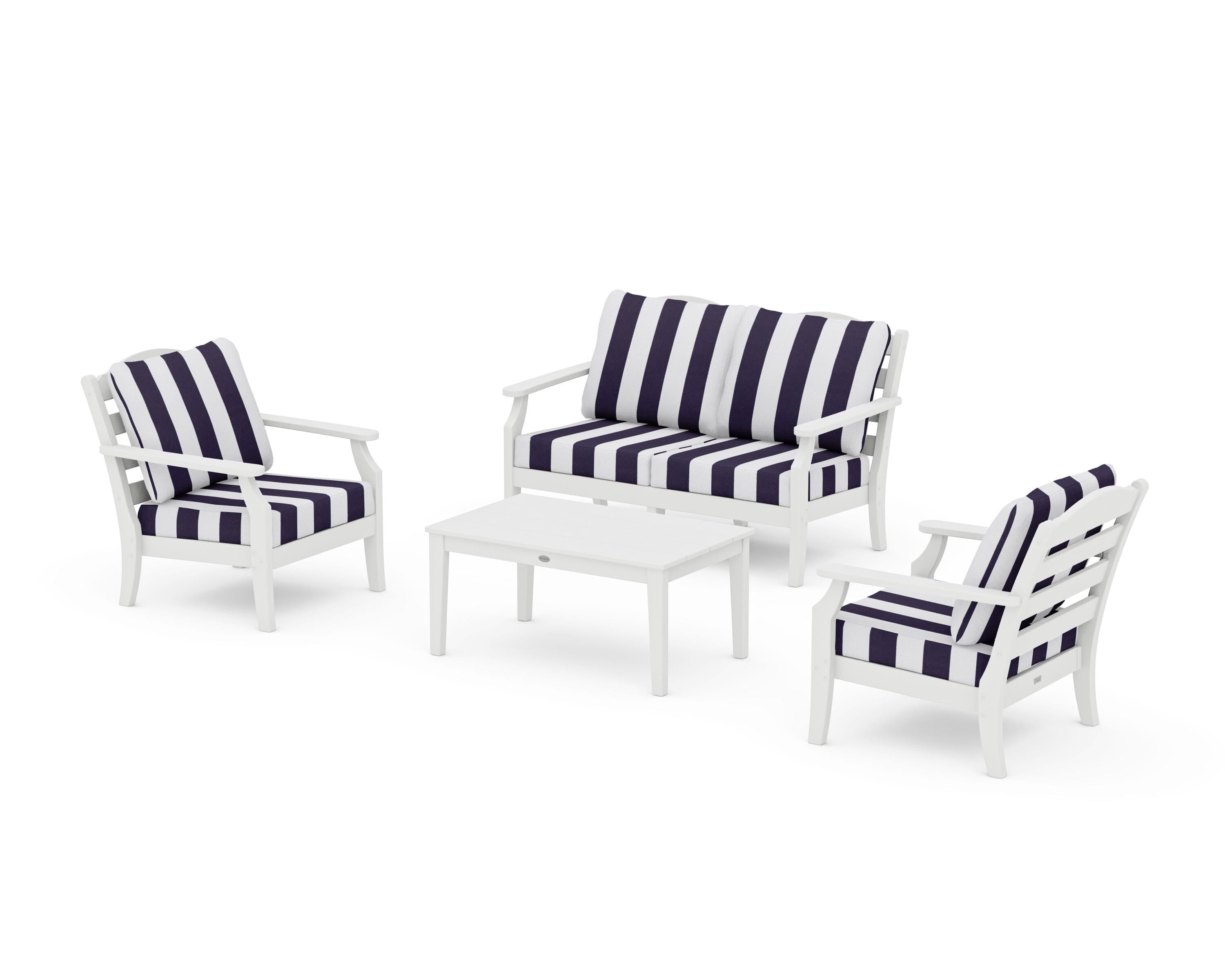 Draper James™ by  POLYWOOD® Savannah 4-Piece Deep Seating Set with Loveseat in White / Cabana Stripe Navy
