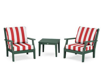 Country Living Wovendale 3-Piece Deep Seating Set in Green / Cabana Stripe Crimson
