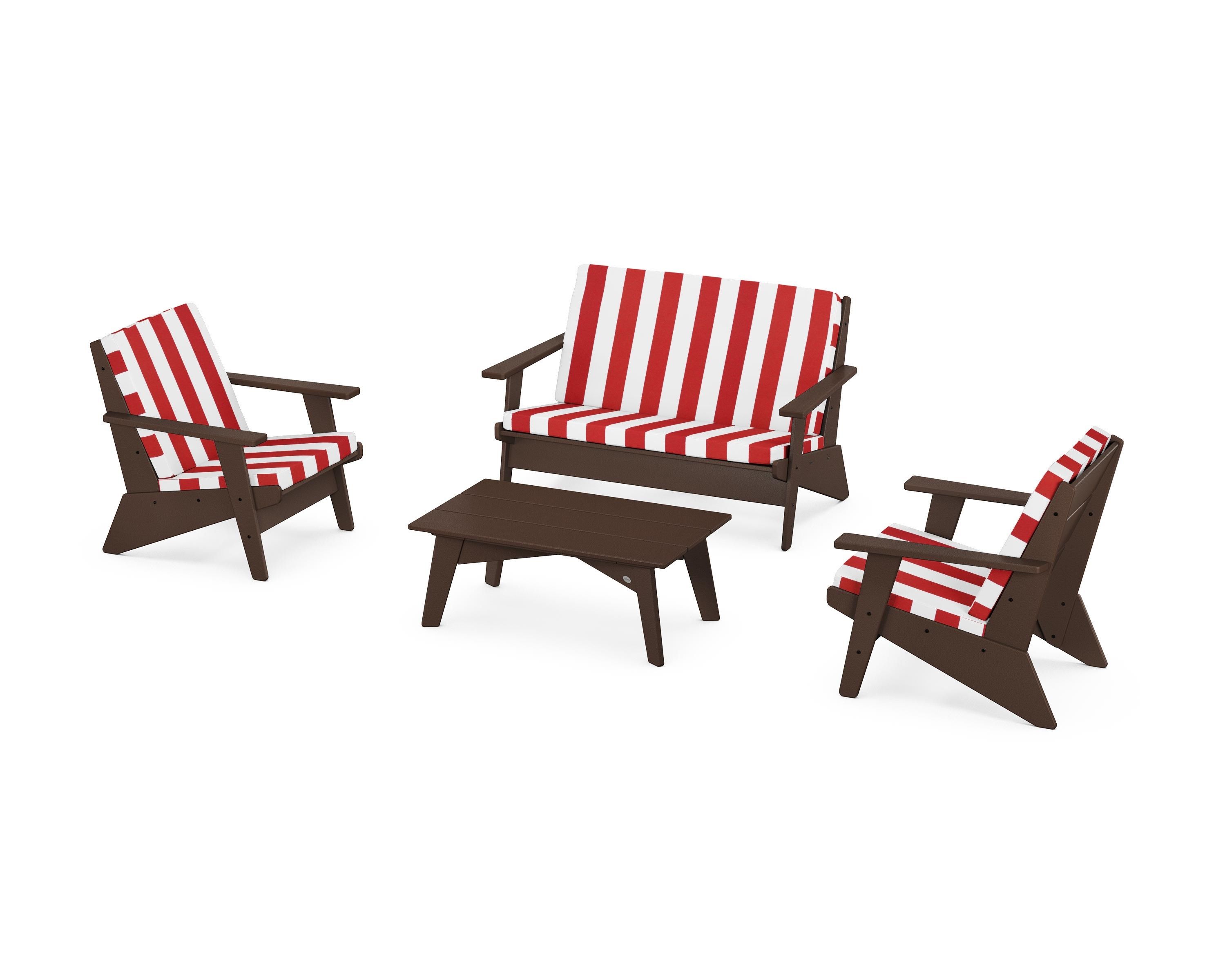 POLYWOOD® Riviera Modern Lounge 4-Piece Set in Mahogany / Cabana Stripe Crimson