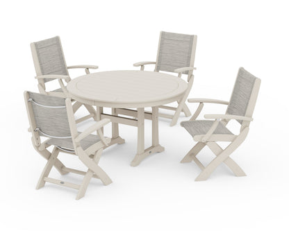 POLYWOOD® Coastal Folding Chair 5-Piece Round Dining Set with Trestle Legs in Sand / Birch Sling