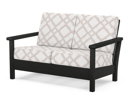 POLYWOOD® Harbour Deep Seating Loveseat in Black / Trellis Dune Burlap