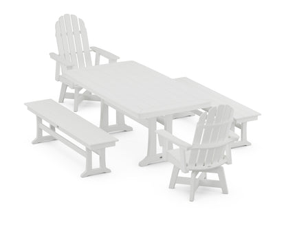 POLYWOOD® Vineyard Adirondack Swivel Chair 5-Piece Dining Set with Trestle Legs and Benches in White