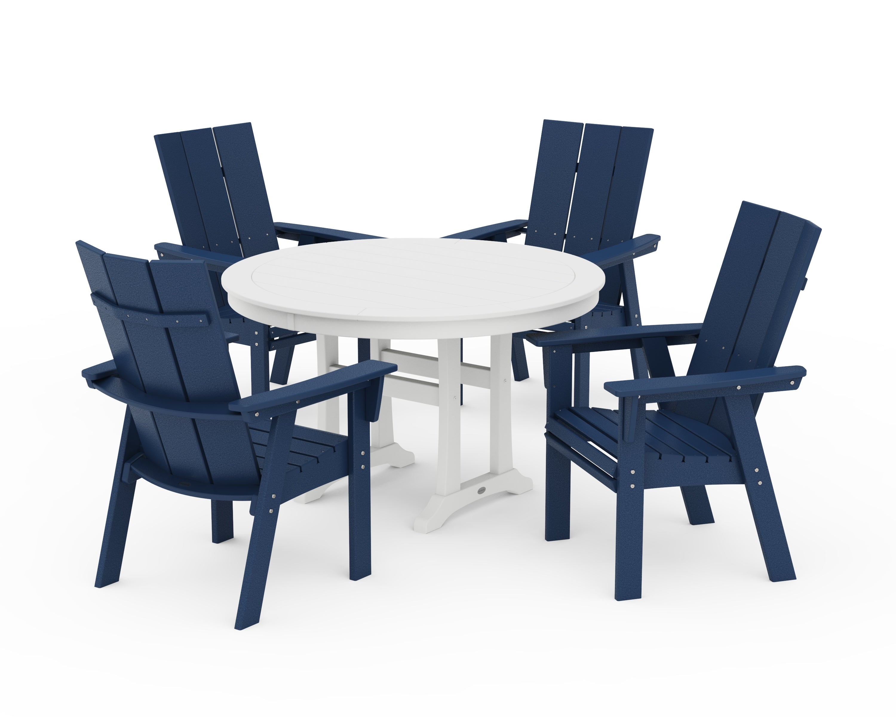 POLYWOOD® Modern Curveback Adirondack 5-Piece Nautical Trestle Dining Set in Navy / White