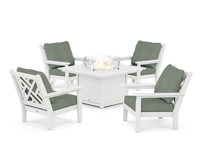 POLYWOOD® Chippendale 5-Piece Deep Seating Set with Fire Pit Table in White / Cast Sage