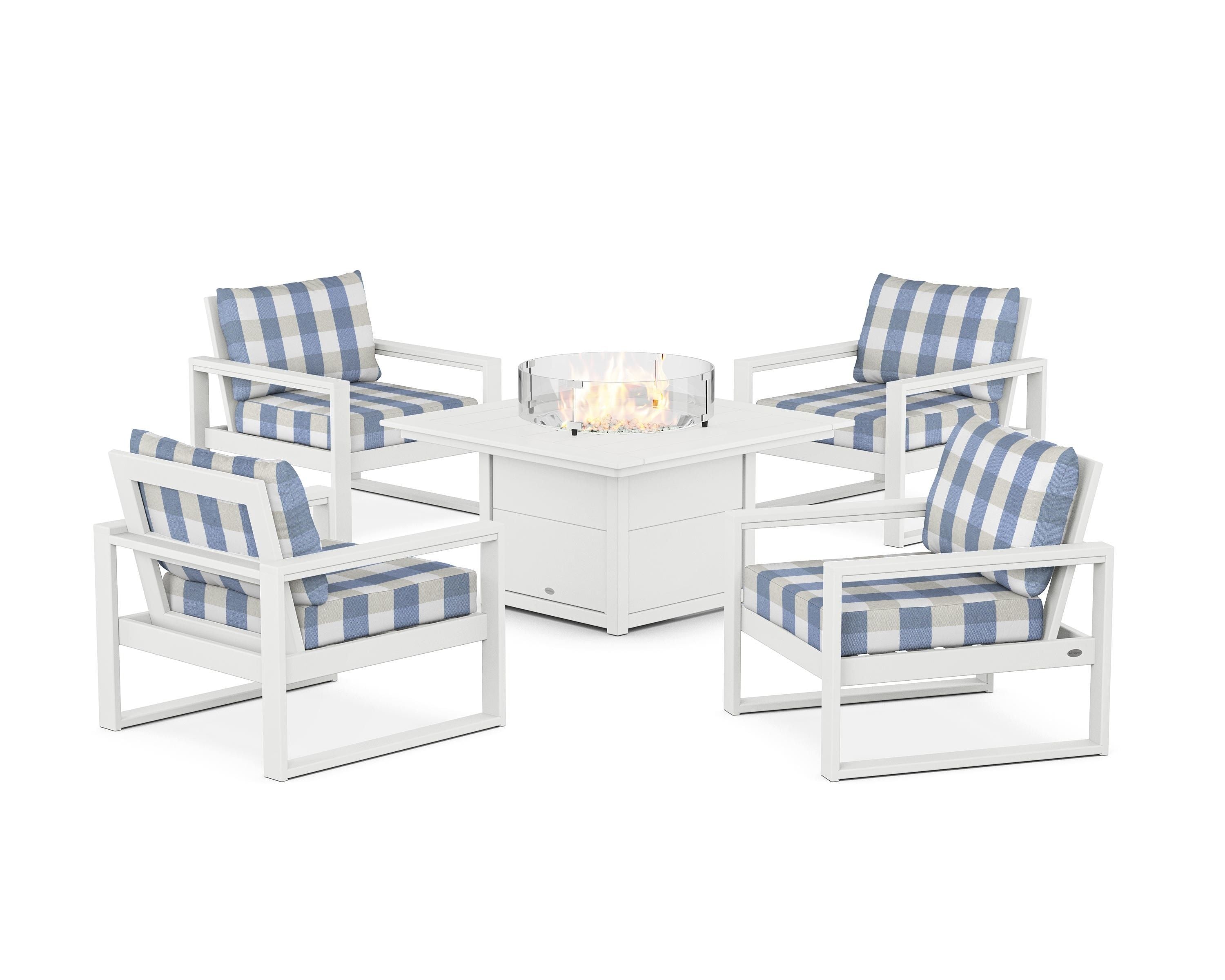 POLYWOOD® EDGE Sectional 5-Piece Deep Seating Set with Fire Pit Table in White / Buffalo Plaid Sky Blue