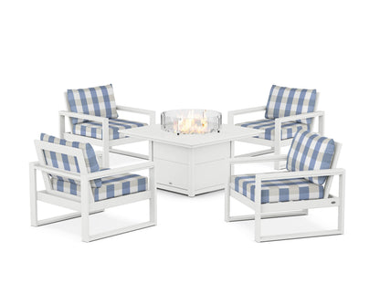 POLYWOOD® EDGE Sectional 5-Piece Deep Seating Set with Fire Pit Table in White / Buffalo Plaid Sky Blue
