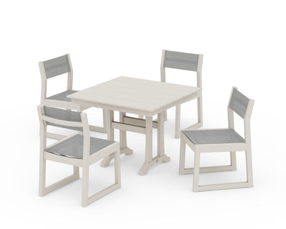 POLYWOOD® EDGE Sling 5-Piece Farmhouse Trestle Side Chair Dining Set in Sand / Metallic Sling