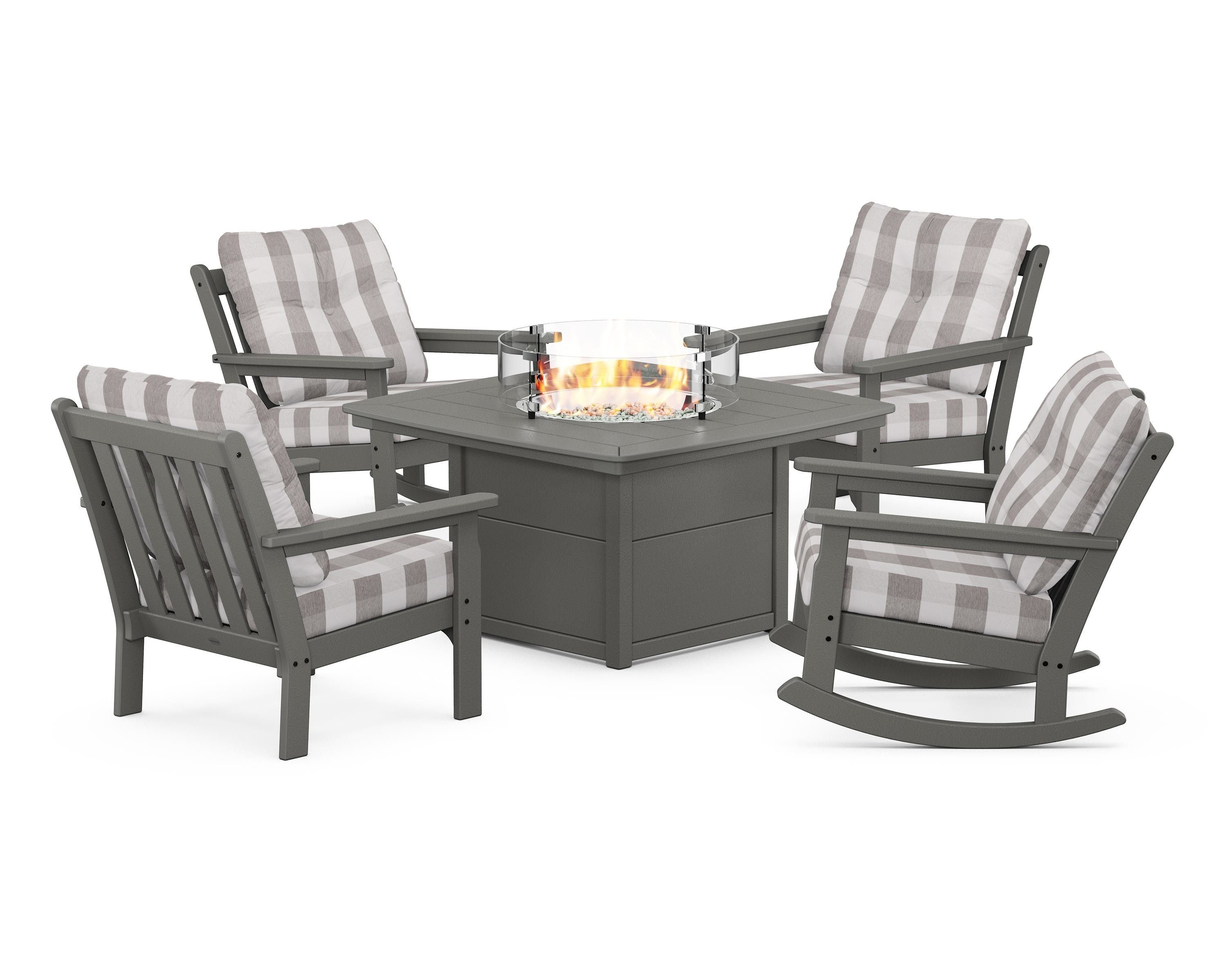 POLYWOOD® Vineyard 5-Piece Deep Seating Rocking Chair Conversation Set with Fire Pit Table in Slate Grey / Buffalo Plaid Grey Mist
