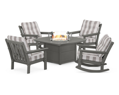 POLYWOOD® Vineyard 5-Piece Deep Seating Rocking Chair Conversation Set with Fire Pit Table in Slate Grey / Buffalo Plaid Grey Mist
