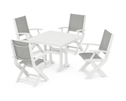 POLYWOOD® Coastal Folding Chair 5-Piece Farmhouse Dining Set With Trestle Legs in White / Metallic Sling