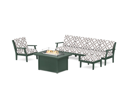 POLYWOOD® Braxton Sectional Lounge and Fire Pit Set in Green / Trellis Grey Mist
