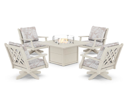 Country Living Wovendale 5-Piece Deep Seating Swivel Conversation Set with Fire Pit Table in Sand / Leaf Dune Burlap