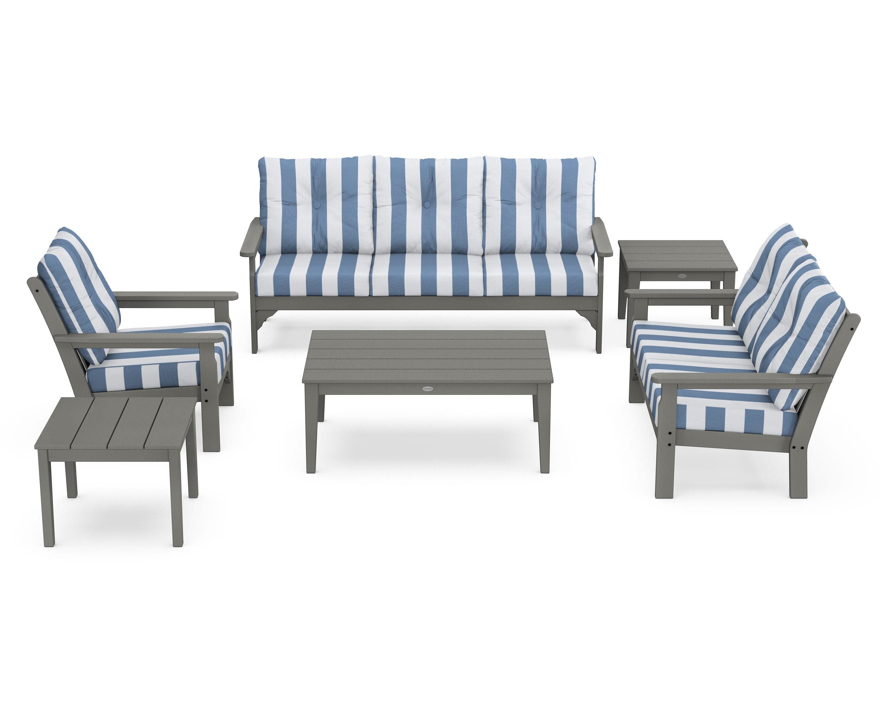 POLYWOOD® Vineyard 6-Piece Deep Seating Set in Slate Grey / Cabana Stripe Sky Blue