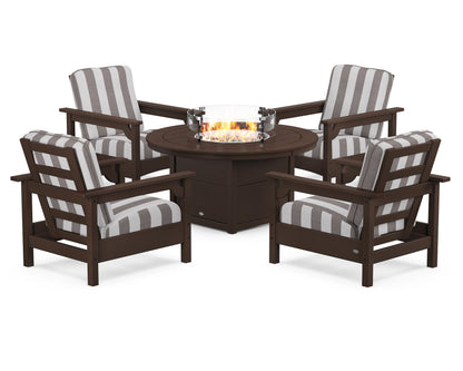POLYWOOD® Club 5-Piece Conversation Set with Fire Pit Table in Mahogany / Cabana Stripe Grey Mist