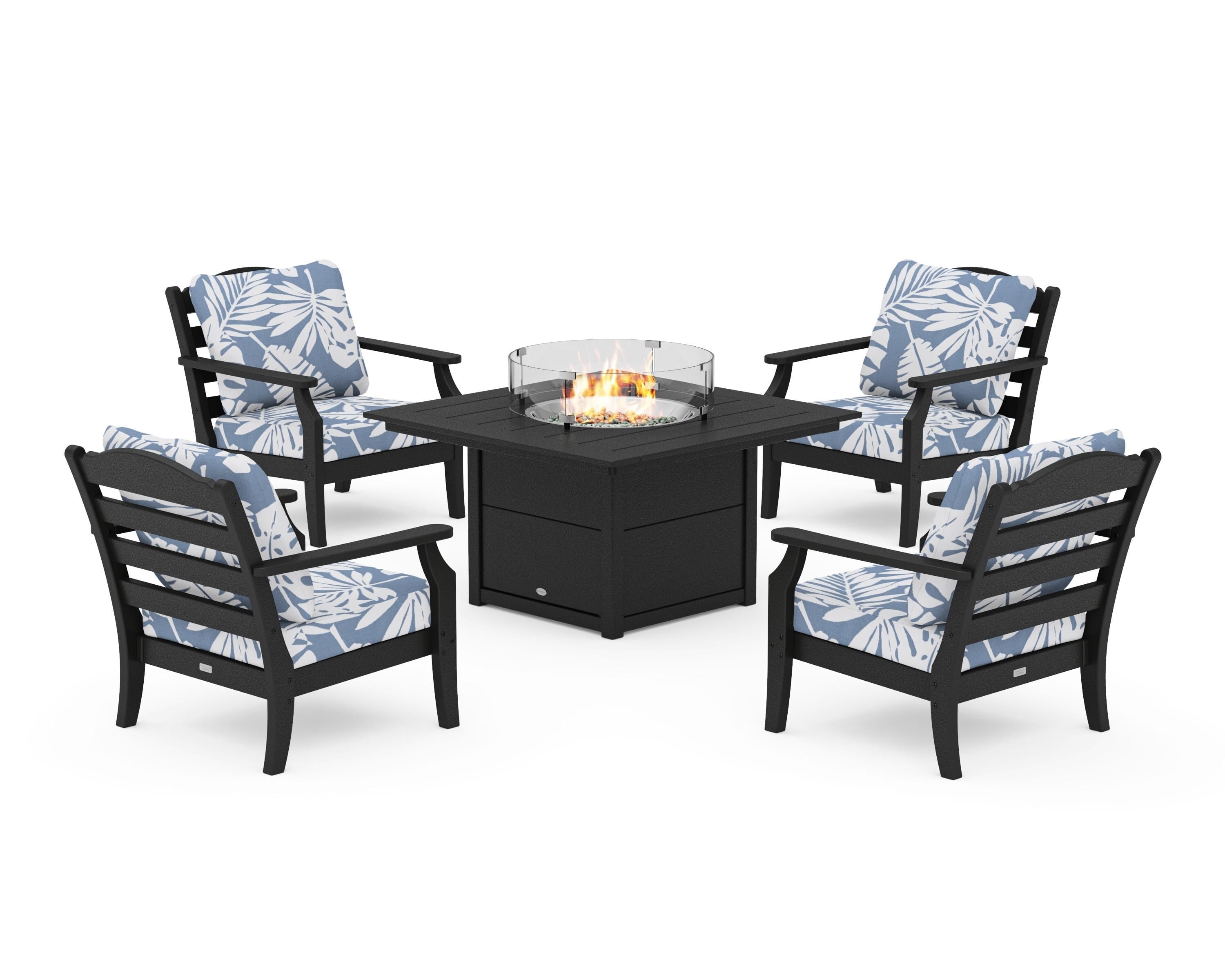 Draper James™ by  POLYWOOD® Savannah 5-Piece Deep Seating Set with Fire Pit Table in Black / Leaf Sky Blue