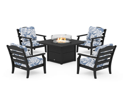 Draper James™ by  POLYWOOD® Savannah 5-Piece Deep Seating Set with Fire Pit Table in Black / Leaf Sky Blue