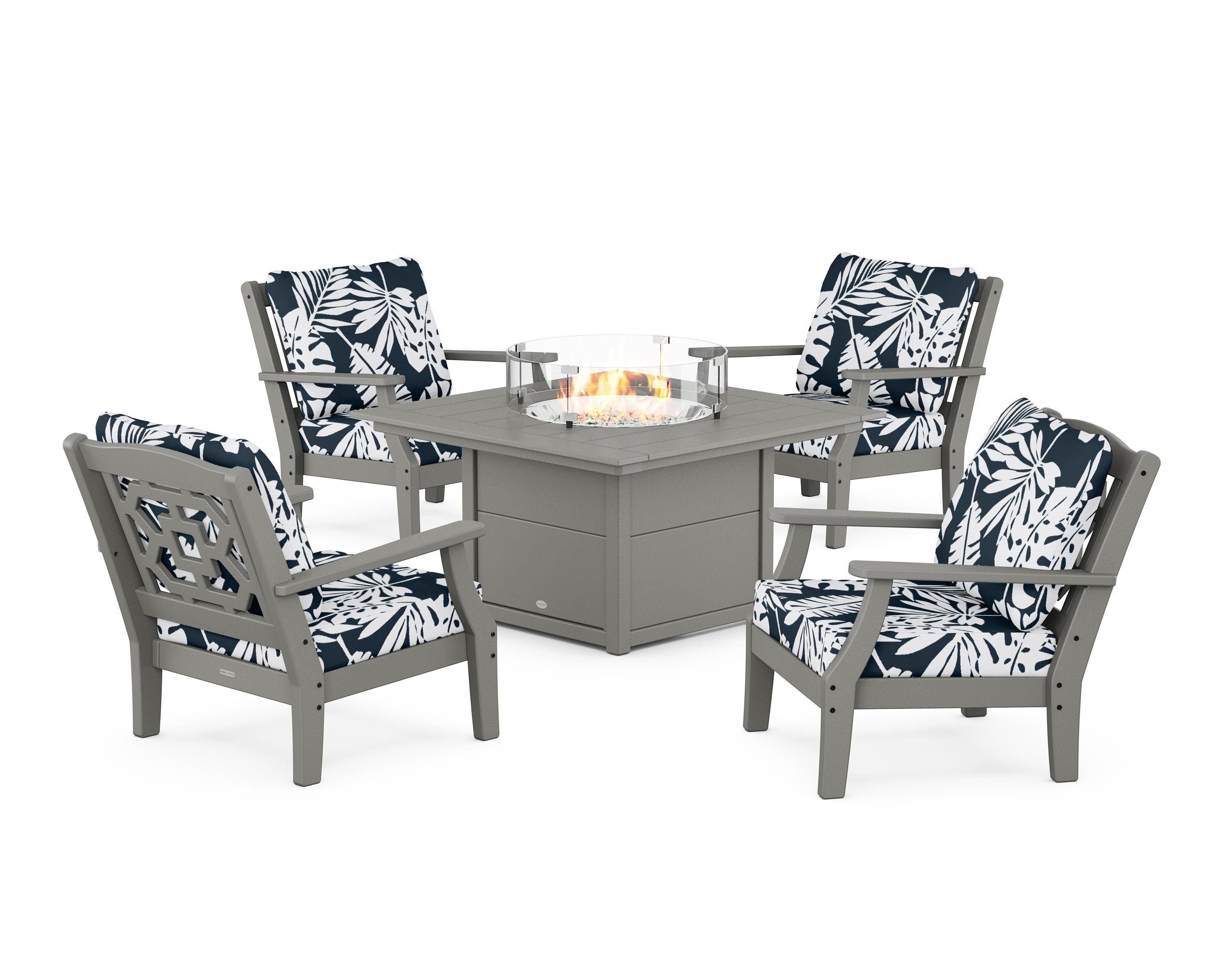 Martha Stewart by POLYWOOD® Chinoiserie 5-Piece Deep Seating Set with Fire Pit Table in Slate Grey / Leaf Marine Indigo