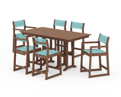 POLYWOOD® EDGE Sling 7-Piece Farmhouse Counter Set in Teak / Dupioni Aquamarine Sling