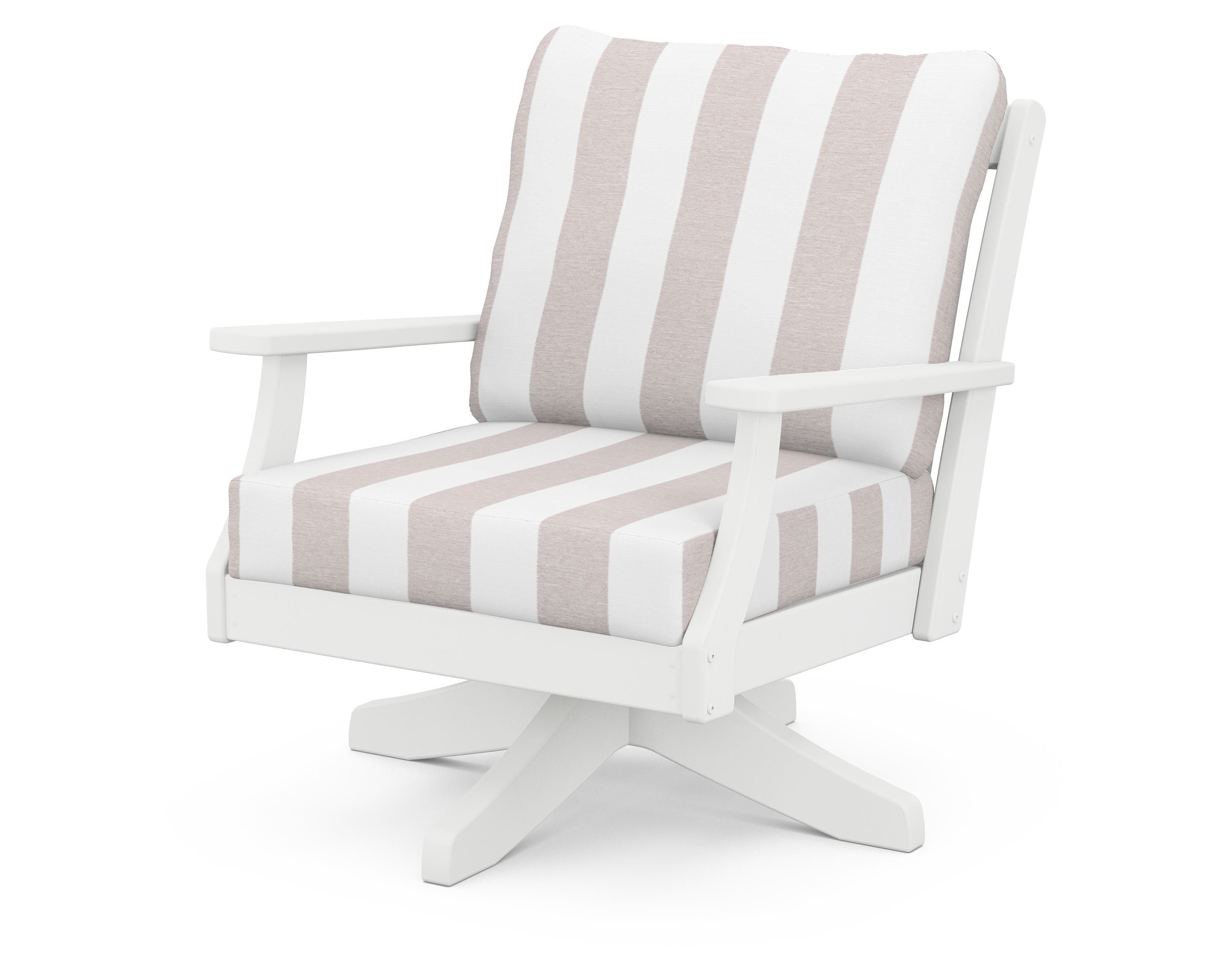 POLYWOOD® Braxton Deep Seating Swivel Chair in White / Cabana Stripe Dune Burlap