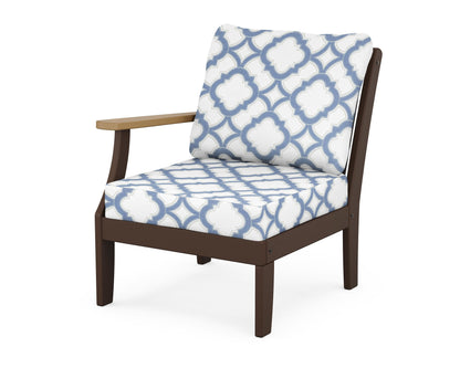 POLYWOOD® Braxton Modular Left Arm Chair in Mahogany / Natural / Trellis Sky Blue