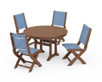 POLYWOOD® Coastal Folding Side Chair 5-Piece Round Dining Set With Trestle Legs in Teak / Poolside Sling