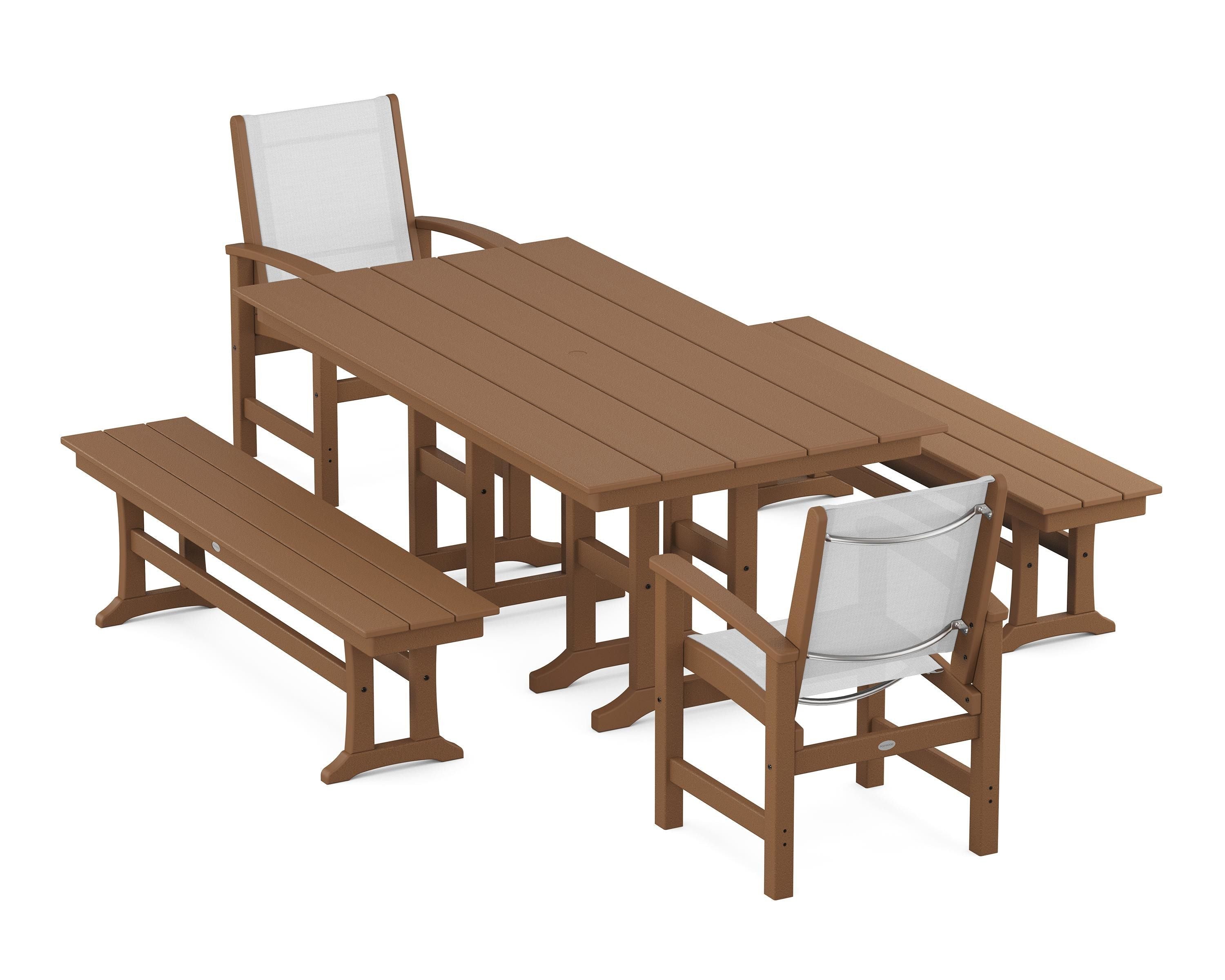 POLYWOOD® Coastal 5-Piece Farmhouse Dining Set in Teak / White Sling
