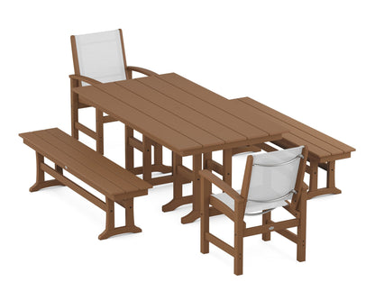 POLYWOOD® Coastal 5-Piece Farmhouse Dining Set in Teak / White Sling