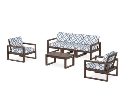 POLYWOOD® EDGE Sectional 4-Piece Deep Seating Set with Sofa in Mahogany / Trellis Sky Blue