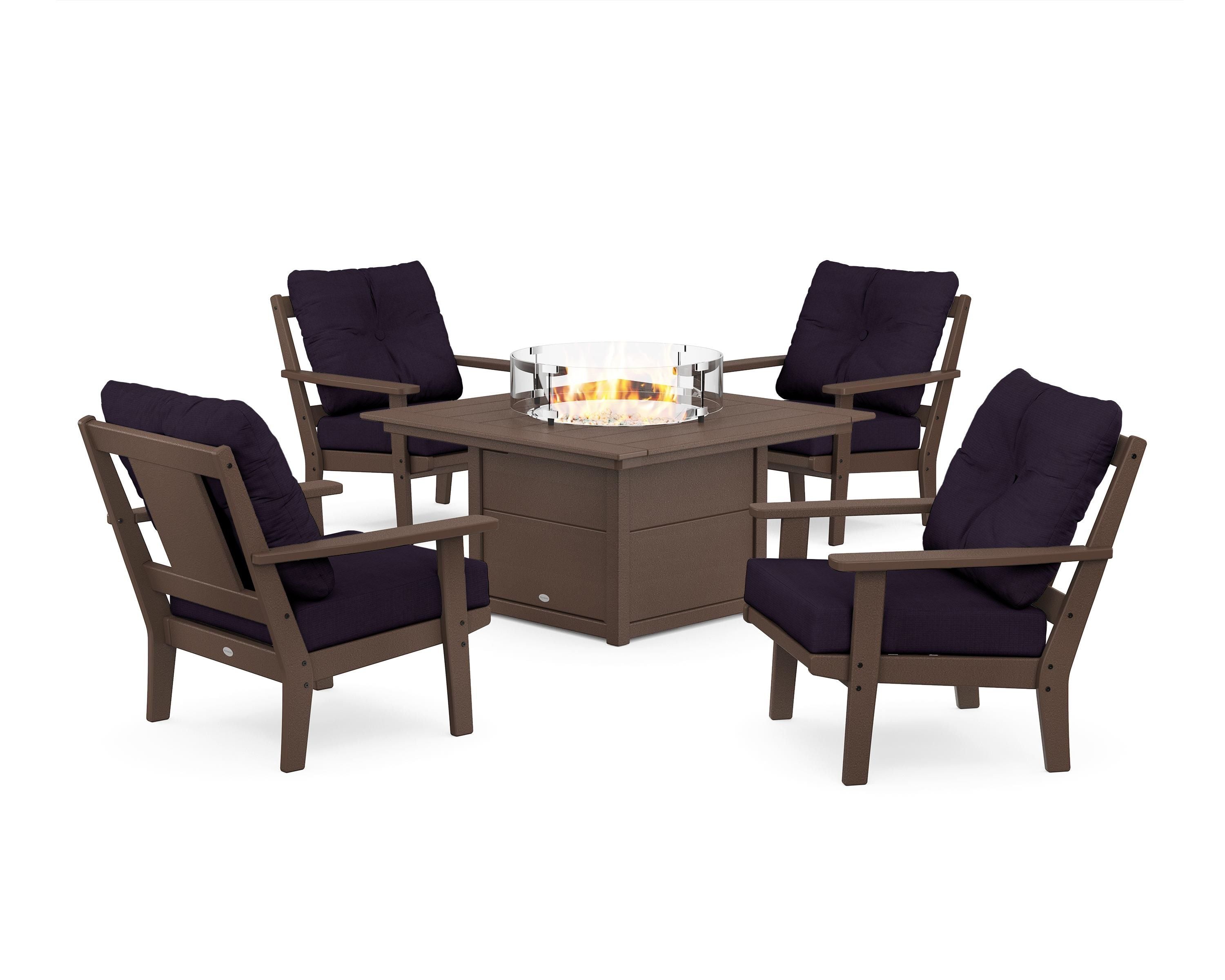POLYWOOD® Prairie 5-Piece Deep Seating Set with Fire Pit Table in Mahogany / Navy Linen
