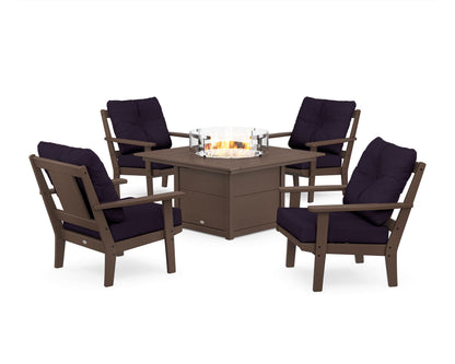 POLYWOOD® Prairie 5-Piece Deep Seating Set with Fire Pit Table in Mahogany / Navy Linen