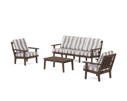 POLYWOOD® Oxford 4-Piece Deep Seating Set with Sofa in Mahogany / Cabana Stripe Grey Mist