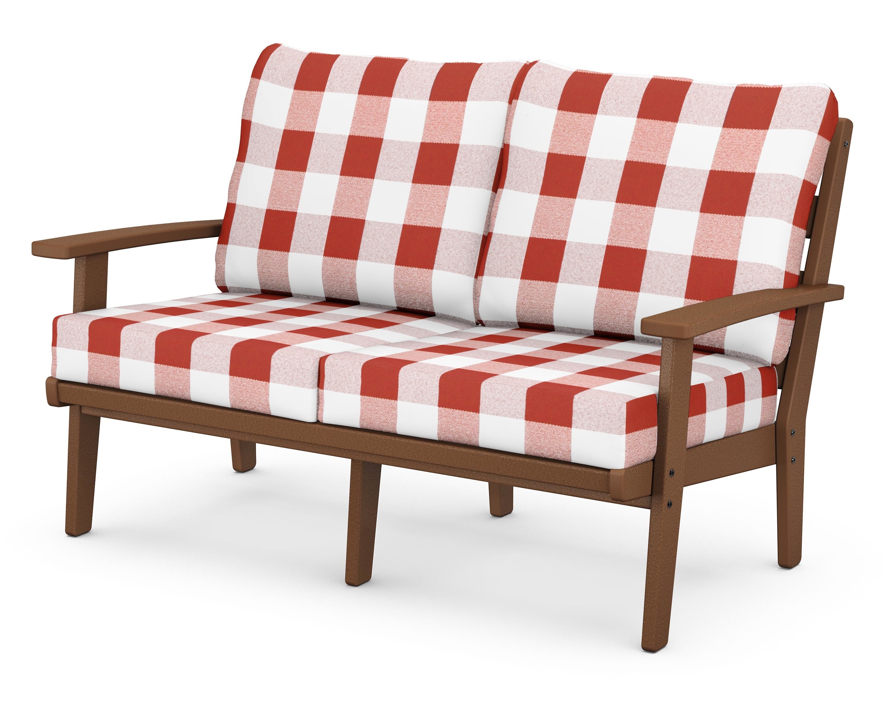 POLYWOOD® Grant Park Deep Seating Loveseat in Teak / Buffalo Plaid Crimson