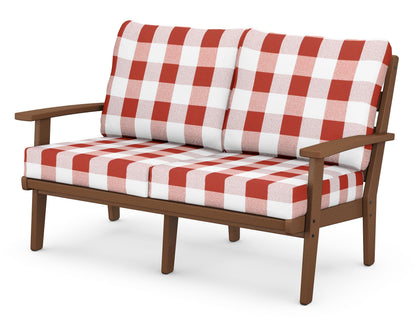 POLYWOOD® Grant Park Deep Seating Loveseat in Teak / Buffalo Plaid Crimson