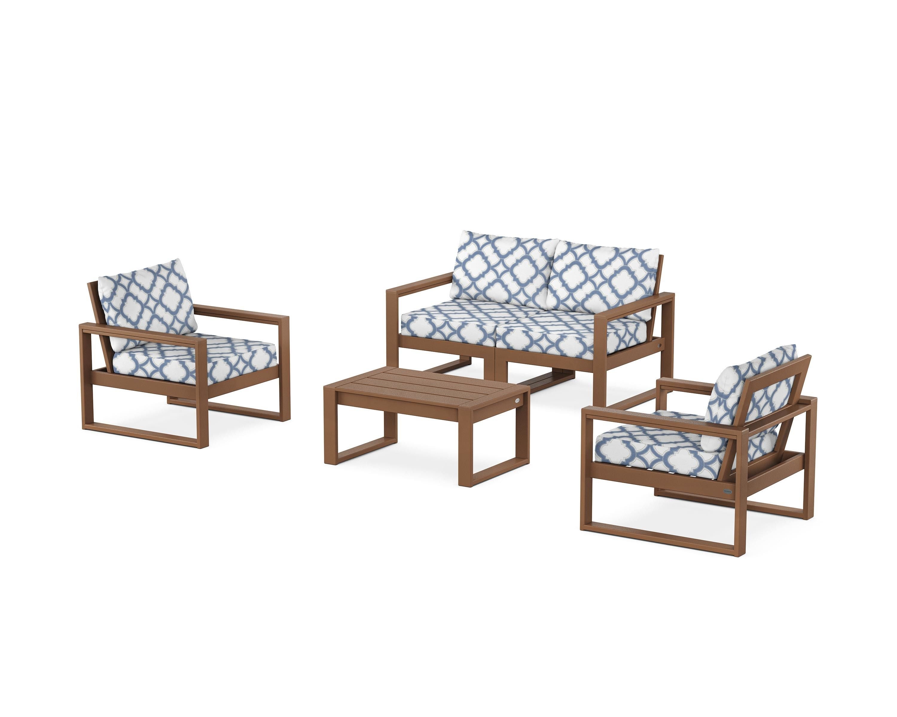 POLYWOOD® EDGE Sectional 4-Piece Deep Seating Set with Loveseat in Teak / Trellis Sky Blue