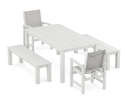POLYWOOD® Coastal 5-Piece Parsons Dining Set with Benches in White / Parchment Sling