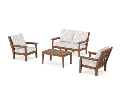 POLYWOOD® Chippendale 4-Piece Deep Seating Set with Loveseat in Teak / Trellis Dune Burlap
