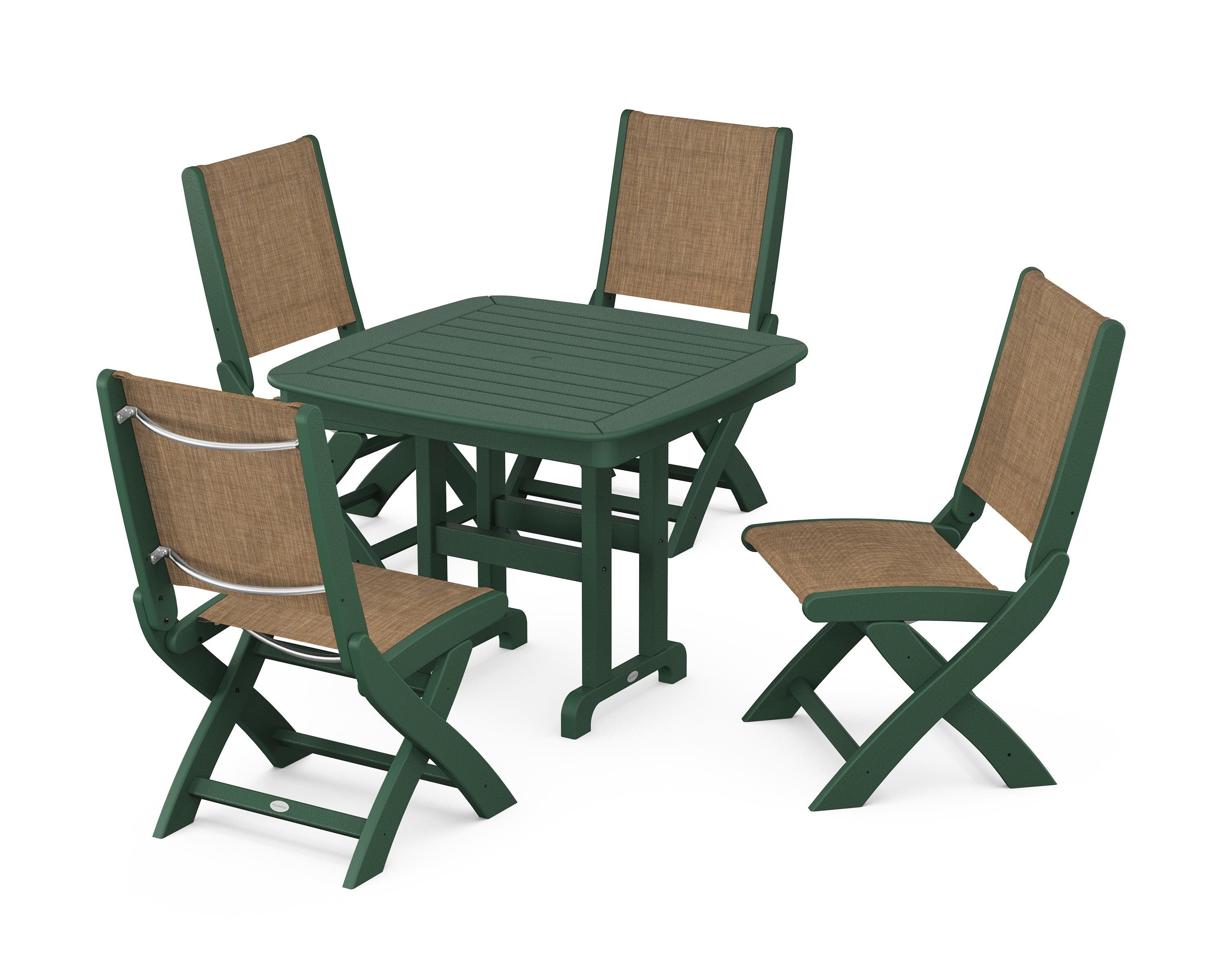 POLYWOOD® Coastal Folding Side Chair 5-Piece Dining Set in Green / Burlap Sling