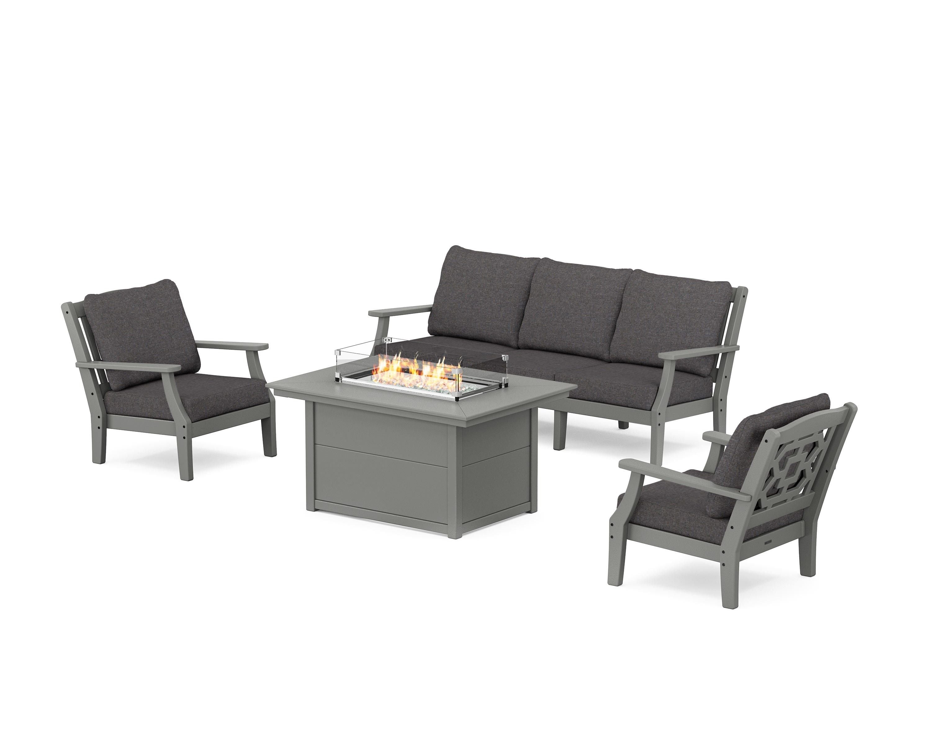 Martha Stewart by POLYWOOD® Chinoiserie Deep Seating Fire Pit Table Set in Slate Grey / Ash Charcoal