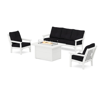POLYWOOD® Vineyard Deep Seating Fire Pit Table Set in White / Midnight Linen