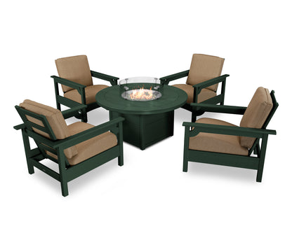 POLYWOOD® Club 5-Piece Conversation Set with Fire Pit Table in Green / Sesame