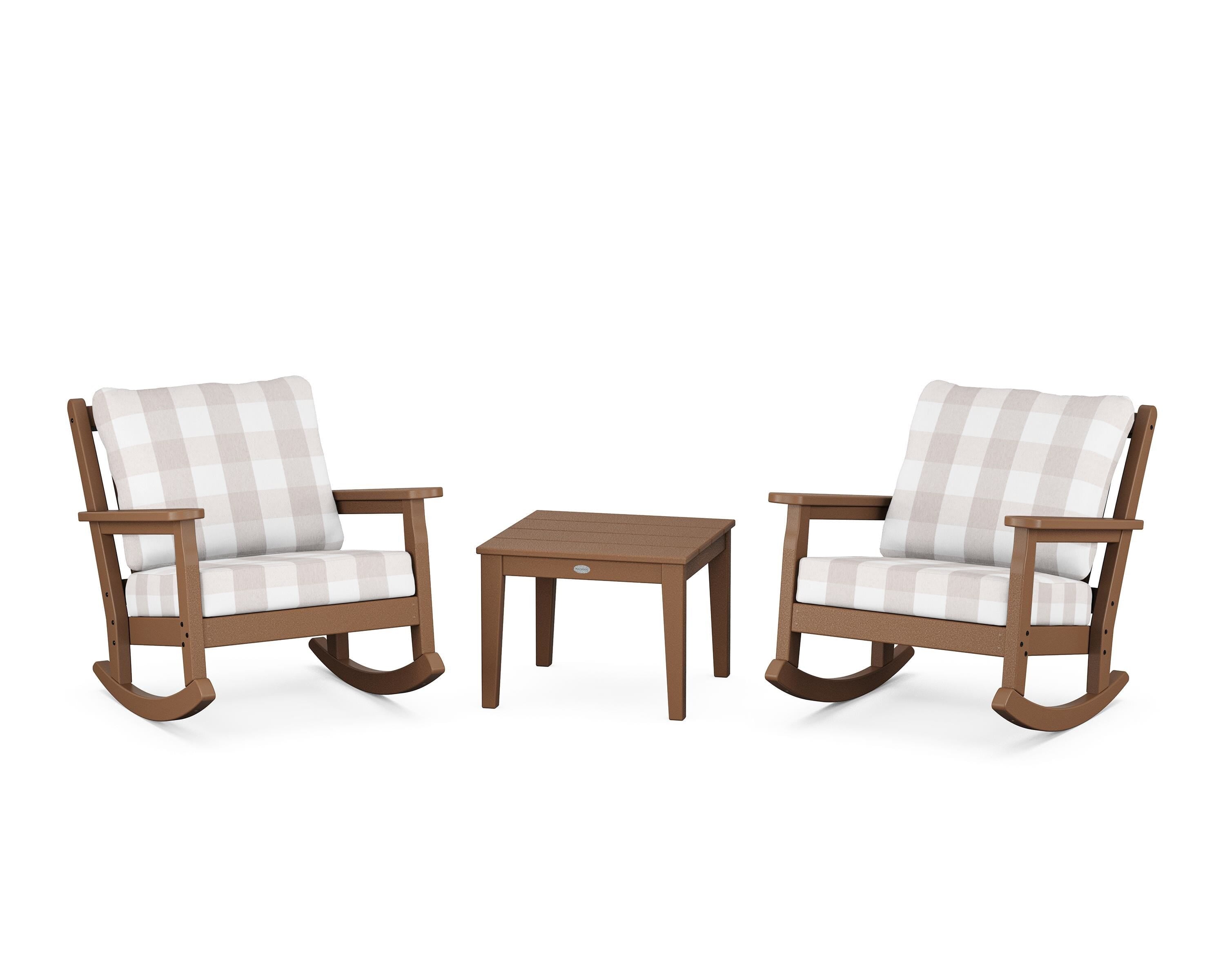 POLYWOOD® Chippendale 3-Piece Deep Seating Rocker Set in Teak / Buffalo Plaid Dune Burlap