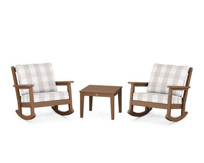 POLYWOOD® Chippendale 3-Piece Deep Seating Rocker Set in Teak / Buffalo Plaid Dune Burlap