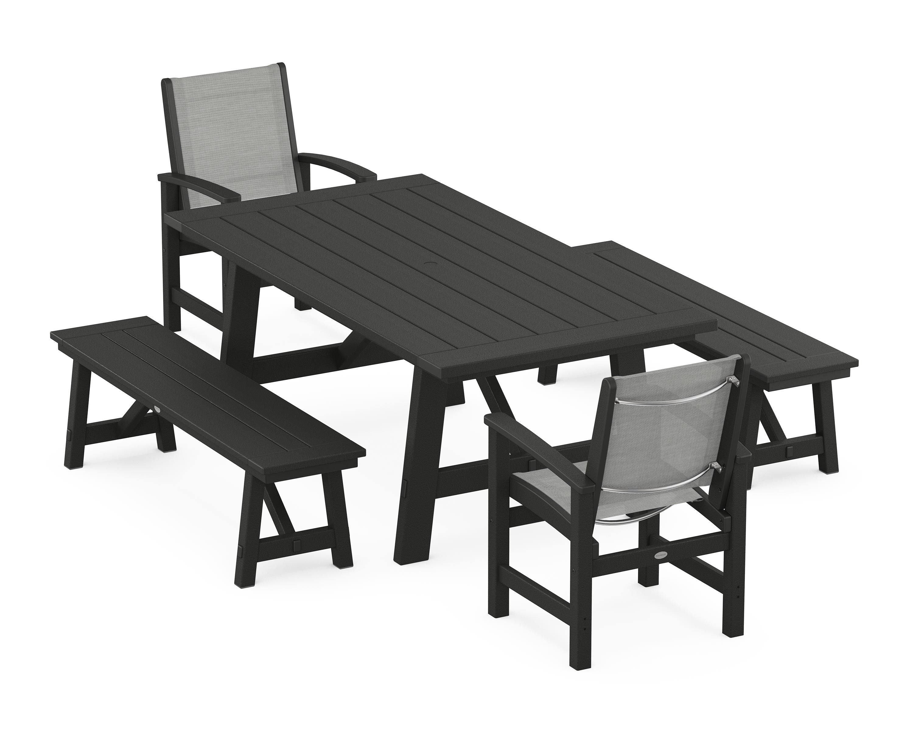 POLYWOOD® Coastal 5-Piece Rustic Farmhouse Dining Set With Benches in Black / Metallic Sling