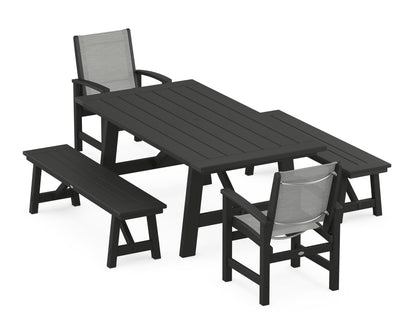 POLYWOOD® Coastal 5-Piece Rustic Farmhouse Dining Set With Benches in Black / Metallic Sling